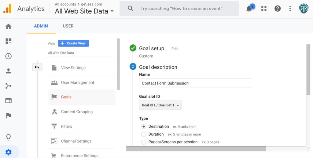 Google Analytics Goal Setup Step 2 - Goal Description