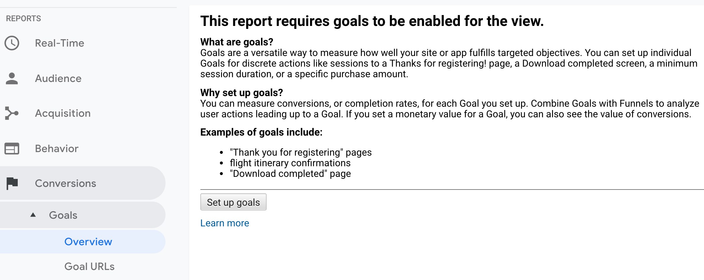 Google Analytics Enable Goals