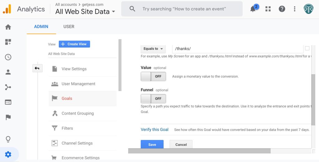 Google Analytics Goal Setup Save