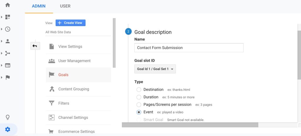 Google Analytics Goals Setup Step 2