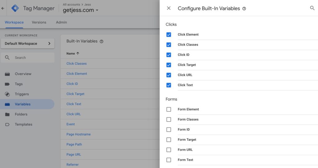 Google Tag Manager Configure Built-in Variables