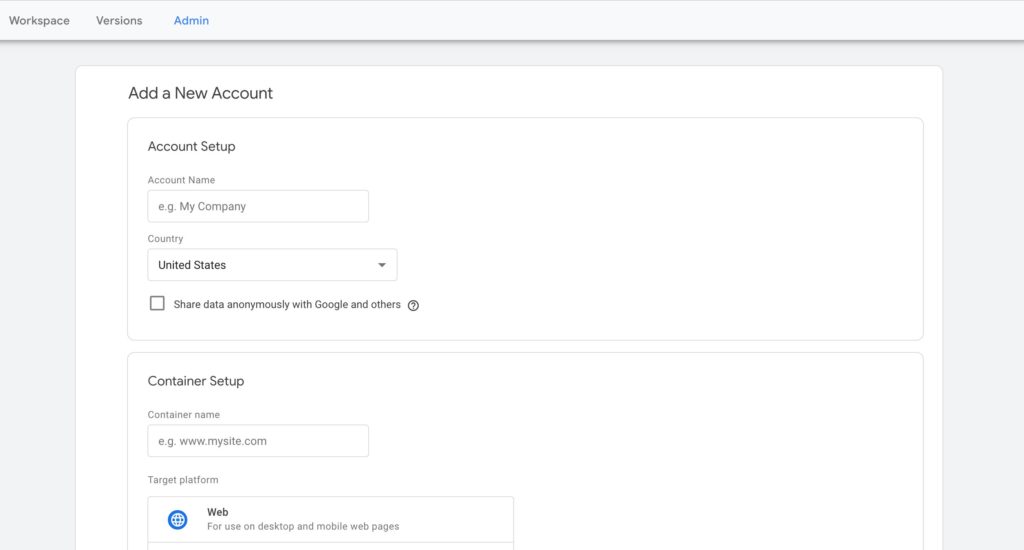 Google Tag Manager Add a New Account
