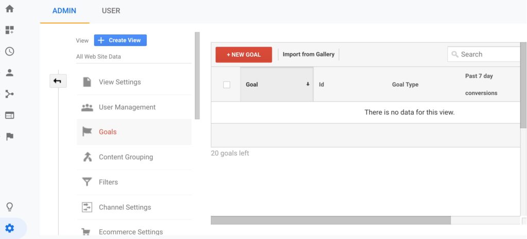 Google Analytics Goals Screen