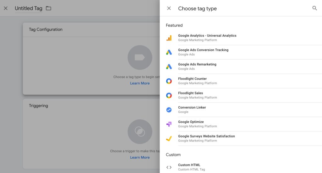 Google Tag Manager Choose Tag Type