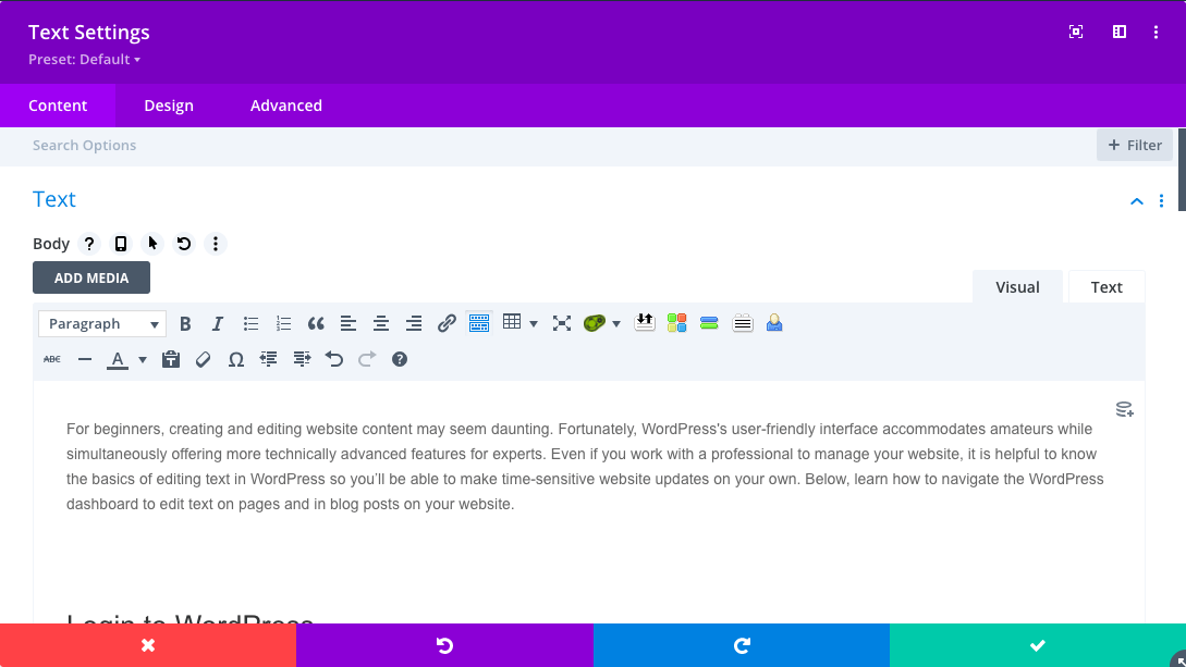 screenshot of text widget in divi builder on wordpress