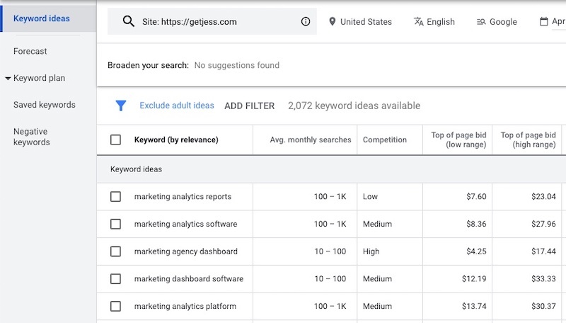screenshot of google ads keyword planner tool