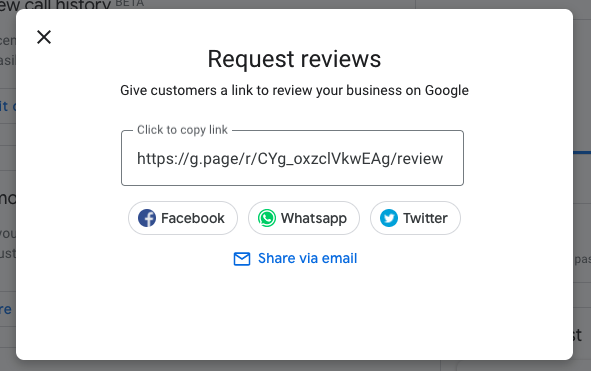 Screenshot showing review link in Google My Business