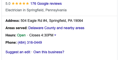 Screenshot of Google Business knowledge panel in search results