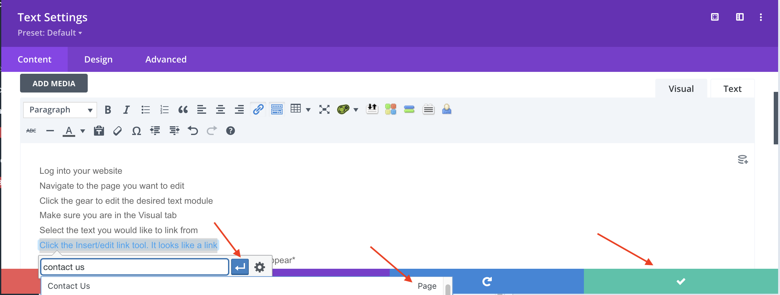 Screenshot showing how to add a link in Divi builder